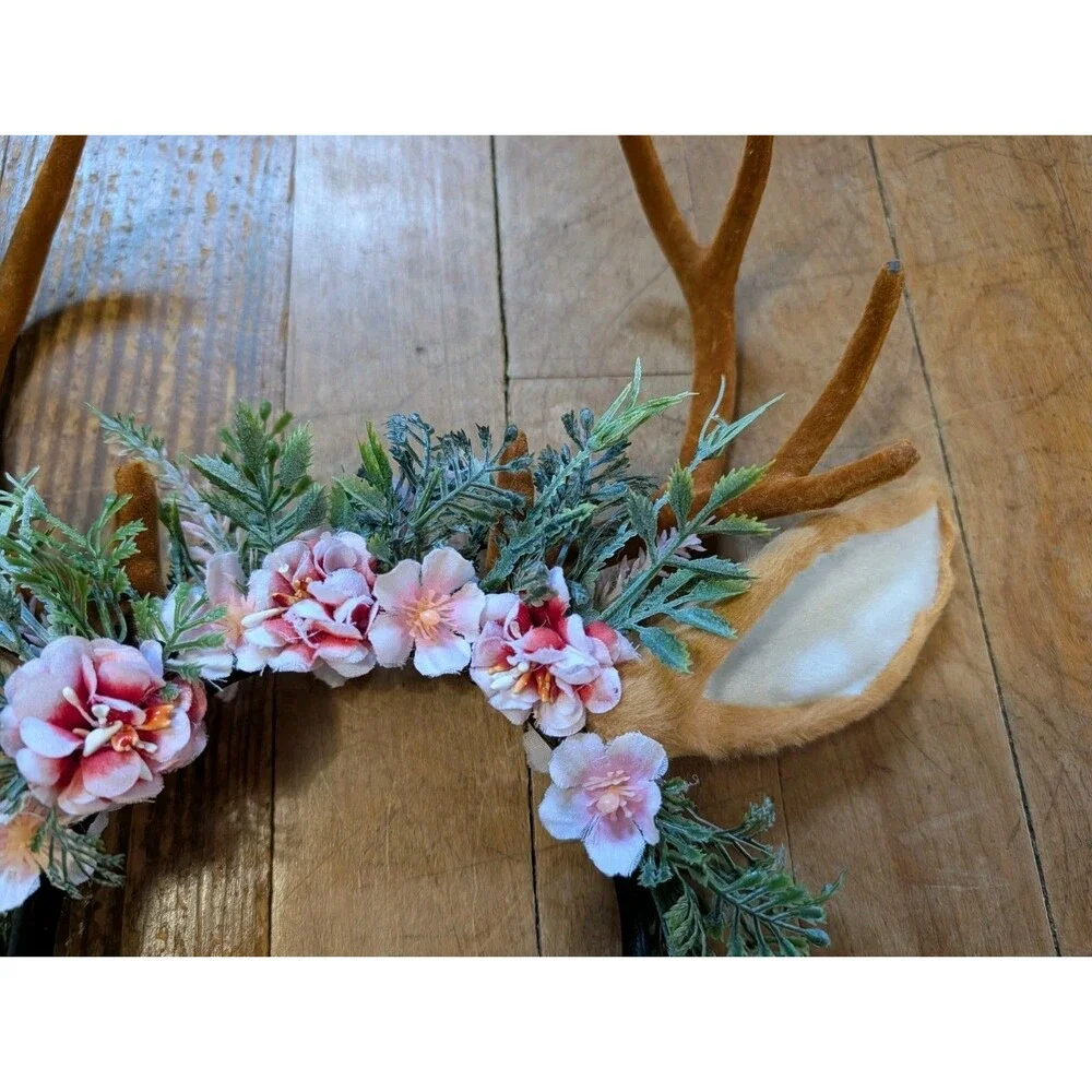 Antler Headband Adjustable Deer Reindeer Horns Crown with Ears Fairy Costume